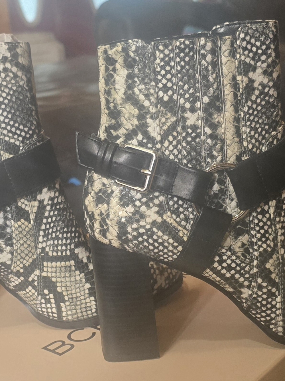 BCBGeneration Black and White Snake-Print Block Heel Booties